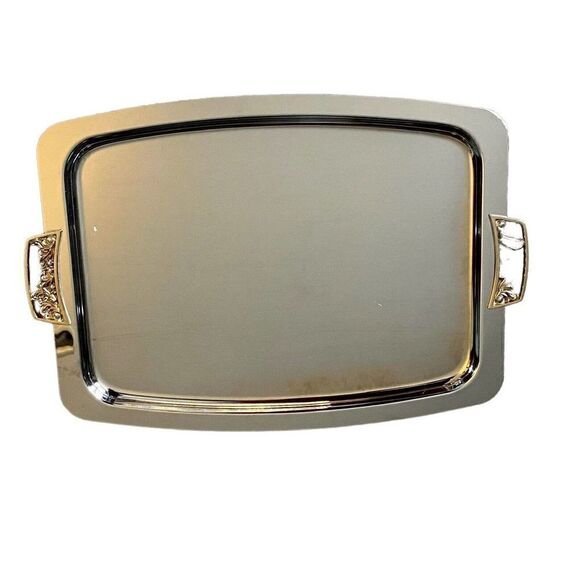 Vintage Kromex 18" Silver Tone Rectangle Serving Tray W/ Handles - Picture 2 of 7